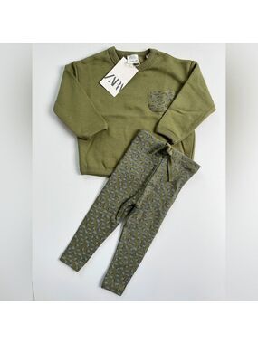 Zara Floral Kids Baby Girls Olive Green Matching Sweater & Leggings Set 9-12m‎